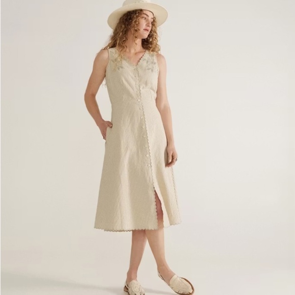 🆕 nwt Tecovas striped eyelet midi dress large green white linen striped scallop